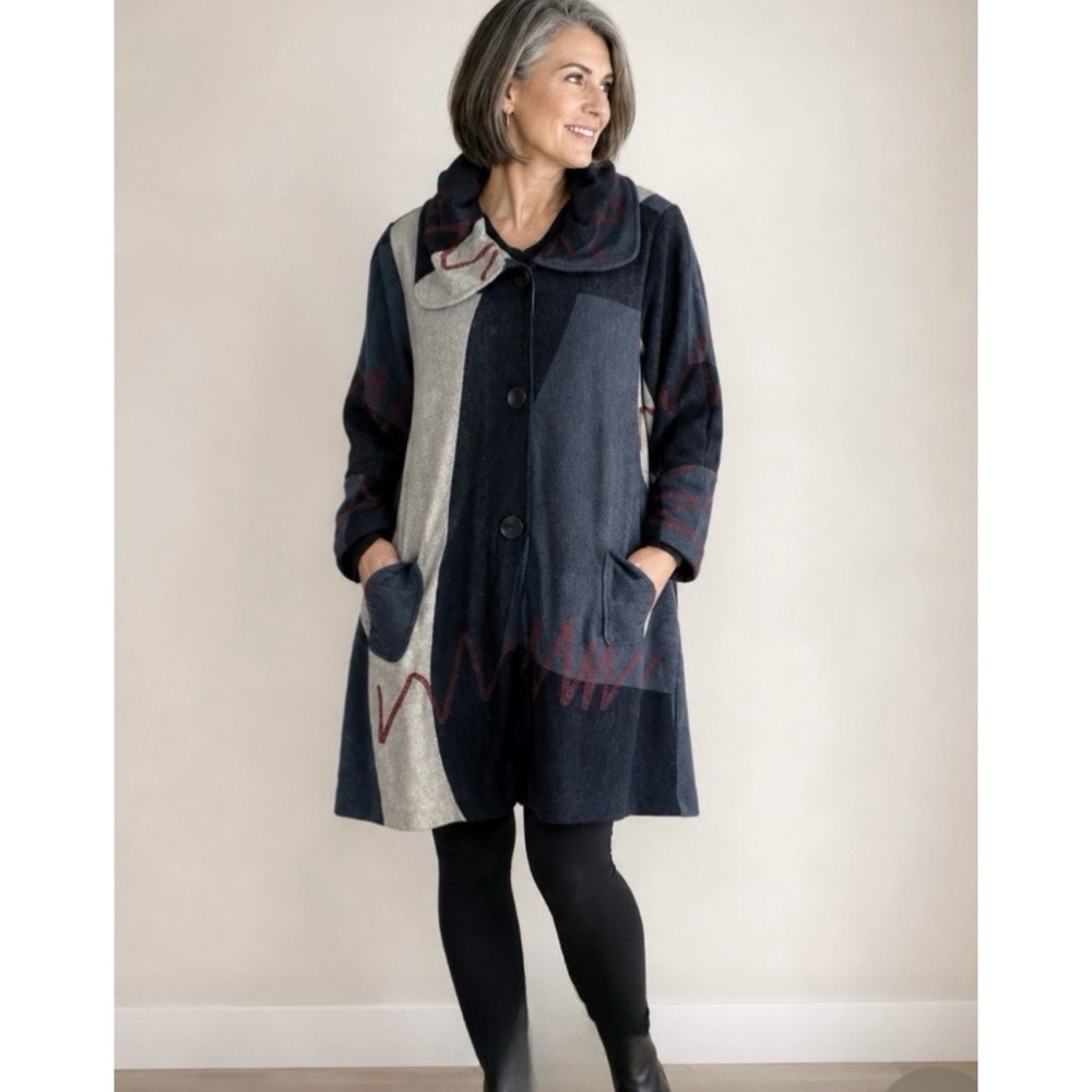 Damee Color-block Swing Jacket Artsy Patchwork Abstract 3/4 Sleeves Size Large